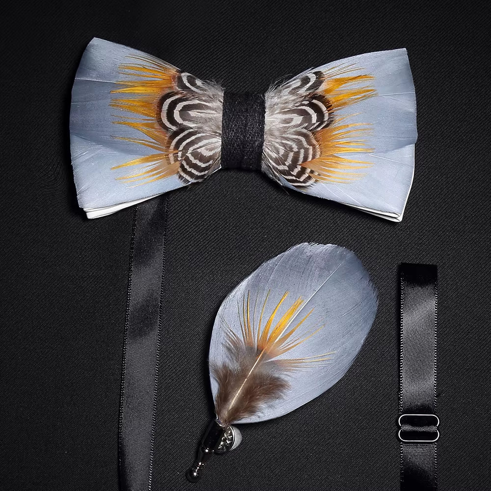 Original Solid Color Feather Bow Tie Brooch Set Man Wedding Gift Fashion Handmade Leather Bow Ties Pin Gift Box Set