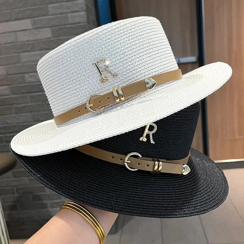 2024Summer Sun Hat Flat Top Straw Hats for Women New Metal R Letter Fashionable Beach Sun Hat Females Travel Holidays Boater Hat