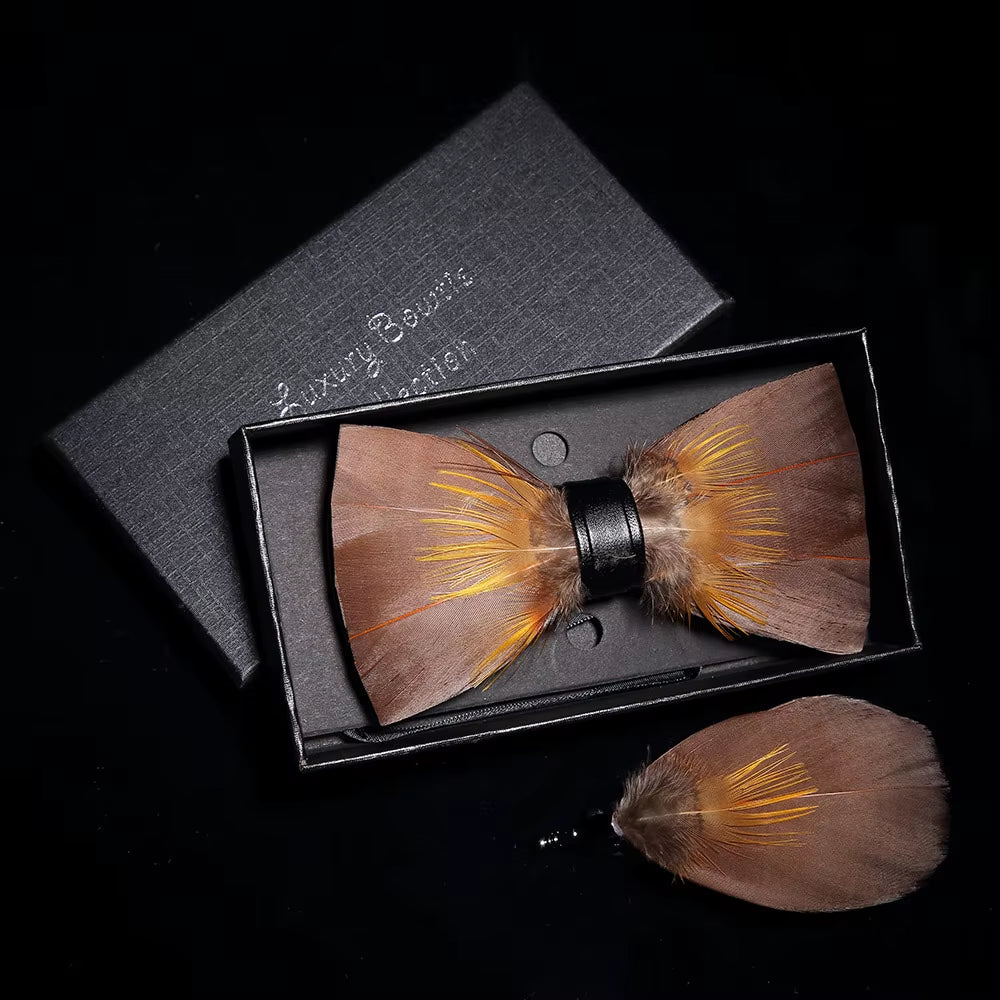 Original Solid Color Feather Bow Tie Brooch Set Man Wedding Gift Fashion Handmade Leather Bow Ties Pin Gift Box Set