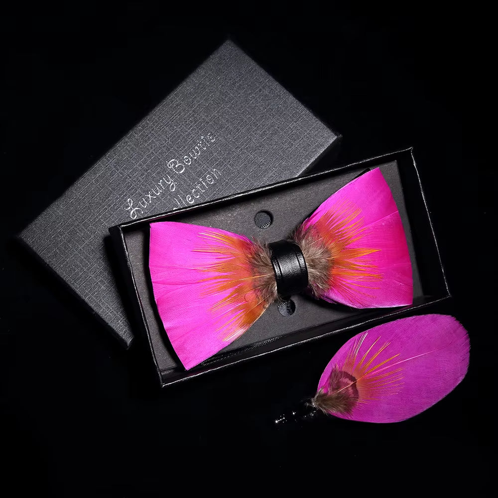 Original Solid Color Feather Bow Tie Brooch Set Man Wedding Gift Fashion Handmade Leather Bow Ties Pin Gift Box Set