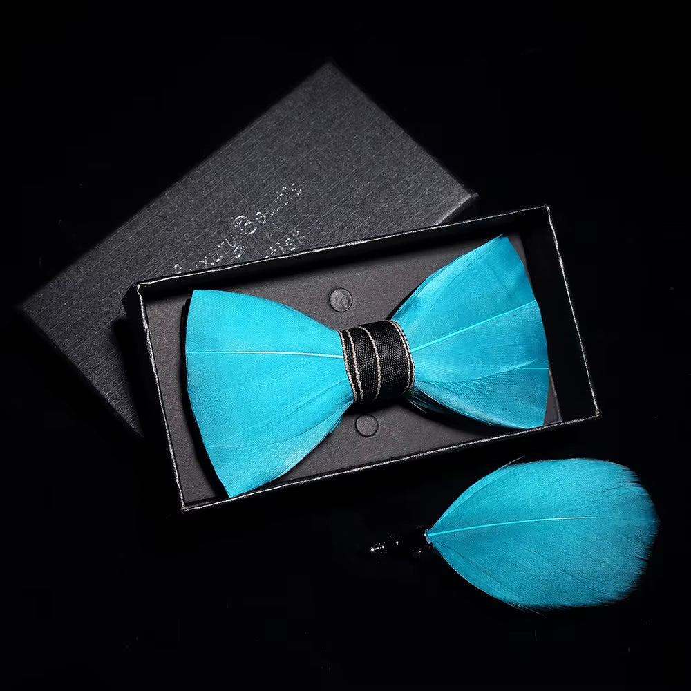 Original Solid Color Feather Bow Tie Brooch Set Man Wedding Gift Fashion Handmade Leather Bow Ties Pin Gift Box Set