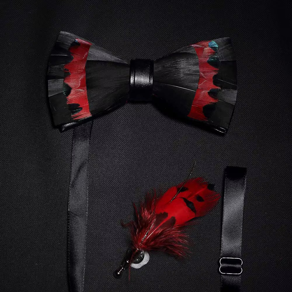 Original Solid Color Feather Bow Tie Brooch Set Man Wedding Gift Fashion Handmade Leather Bow Ties Pin Gift Box Set