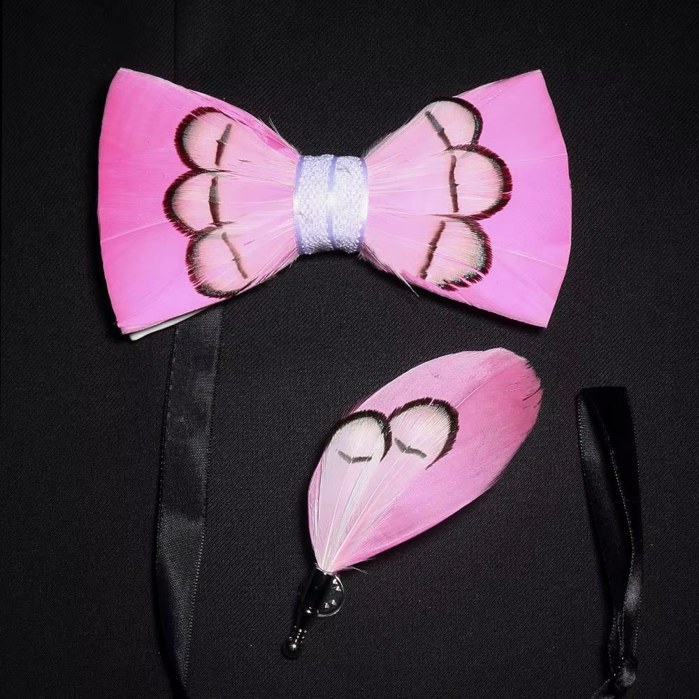 Original Solid Color Feather Bow Tie Brooch Set Man Wedding Gift Fashion Handmade Leather Bow Ties Pin Gift Box Set