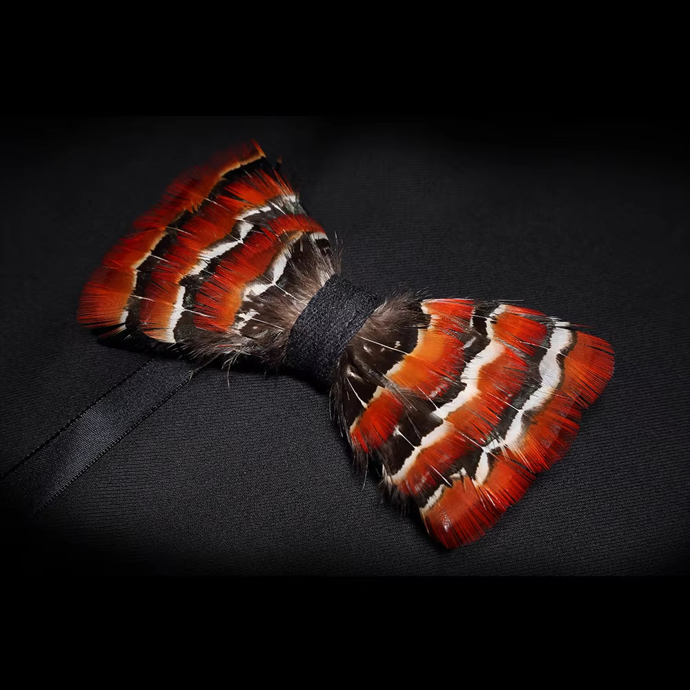 Original Solid Color Feather Bow Tie Brooch Set Man Wedding Gift Fashion Handmade Leather Bow Ties Pin Gift Box Set