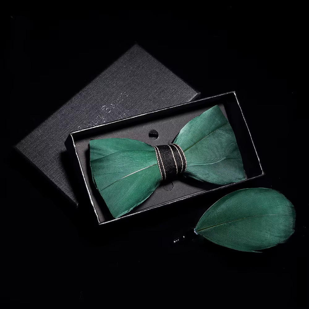 Original Solid Color Feather Bow Tie Brooch Set Man Wedding Gift Fashion Handmade Leather Bow Ties Pin Gift Box Set