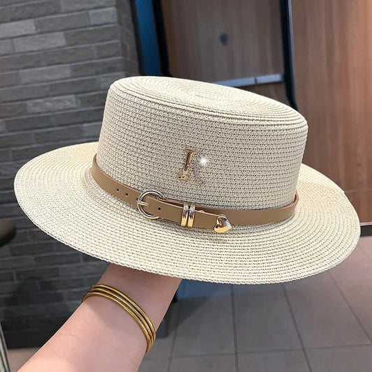 2024Summer Sun Hat Flat Top Straw Hats for Women New Metal R Letter Fashionable Beach Sun Hat Females Travel Holidays Boater Hat