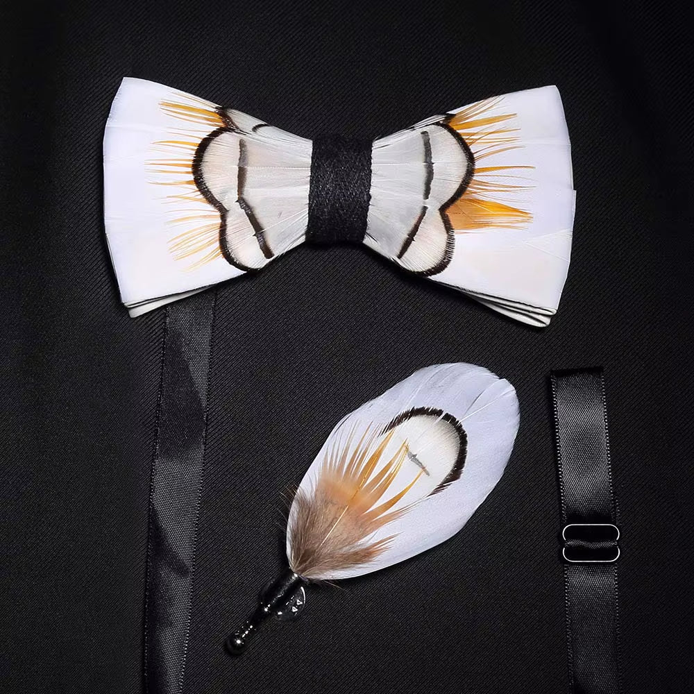 Original Solid Color Feather Bow Tie Brooch Set Man Wedding Gift Fashion Handmade Leather Bow Ties Pin Gift Box Set