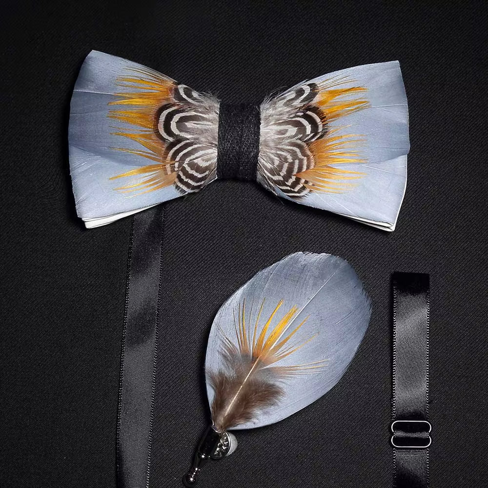 Original Solid Color Feather Bow Tie Brooch Set Man Wedding Gift Fashion Handmade Leather Bow Ties Pin Gift Box Set