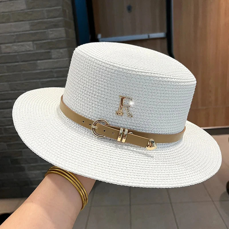 2024Summer Sun Hat Flat Top Straw Hats for Women New Metal R Letter Fashionable Beach Sun Hat Females Travel Holidays Boater Hat