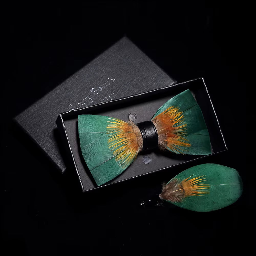 Original Solid Color Feather Bow Tie Brooch Set Man Wedding Gift Fashion Handmade Leather Bow Ties Pin Gift Box Set