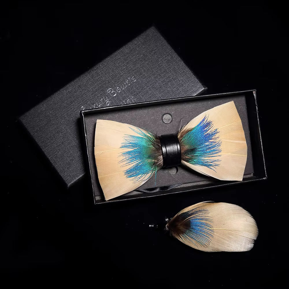 Original Solid Color Feather Bow Tie Brooch Set Man Wedding Gift Fashion Handmade Leather Bow Ties Pin Gift Box Set