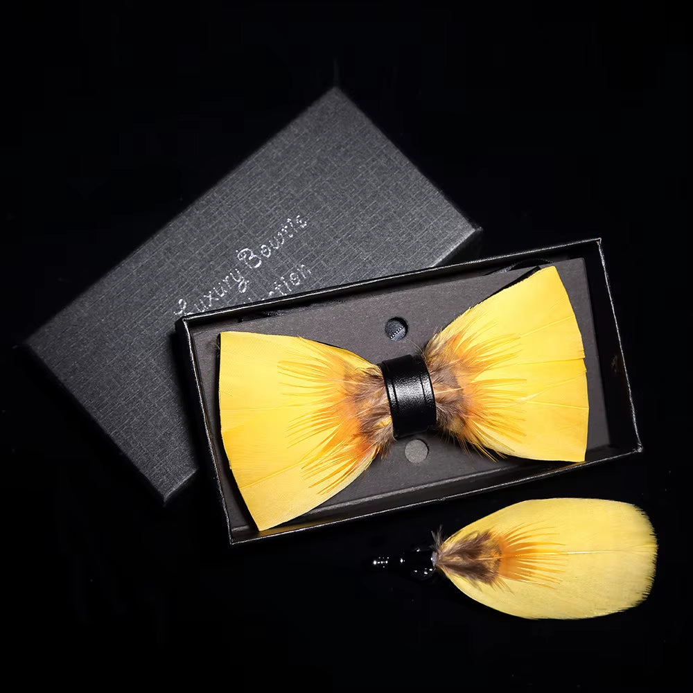 Original Solid Color Feather Bow Tie Brooch Set Man Wedding Gift Fashion Handmade Leather Bow Ties Pin Gift Box Set