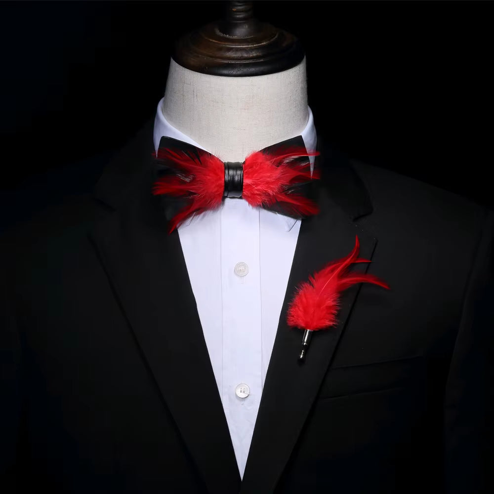 Original Solid Color Feather Bow Tie Brooch Set Man Wedding Gift Fashion Handmade Leather Bow Ties Pin Gift Box Set
