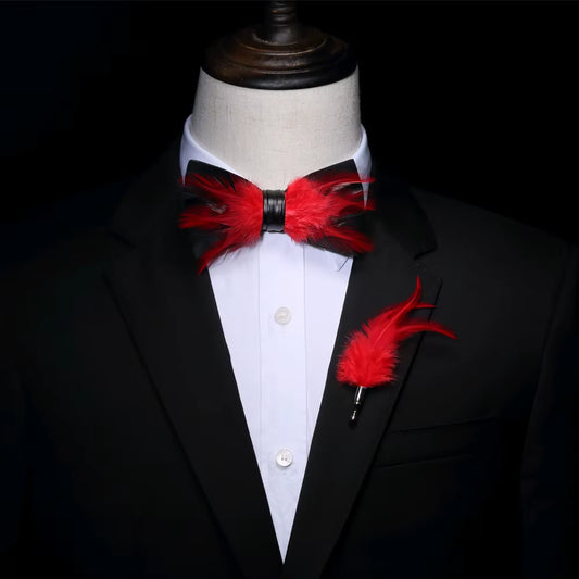 Original Solid Color Feather Bow Tie Brooch Set Man Wedding Gift Fashion Handmade Leather Bow Ties Pin Gift Box Set