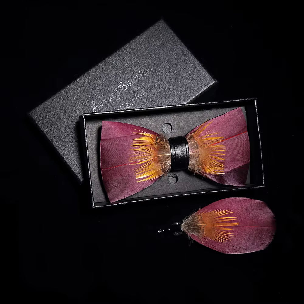 Original Solid Color Feather Bow Tie Brooch Set Man Wedding Gift Fashion Handmade Leather Bow Ties Pin Gift Box Set