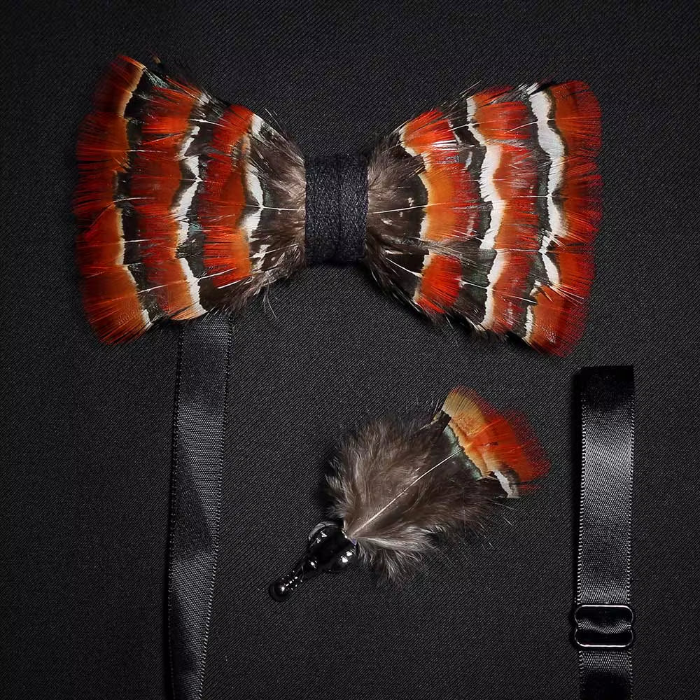 Original Solid Color Feather Bow Tie Brooch Set Man Wedding Gift Fashion Handmade Leather Bow Ties Pin Gift Box Set