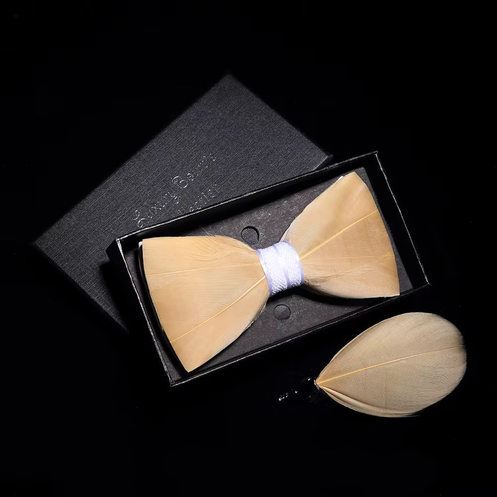 Original Solid Color Feather Bow Tie Brooch Set Man Wedding Gift Fashion Handmade Leather Bow Ties Pin Gift Box Set