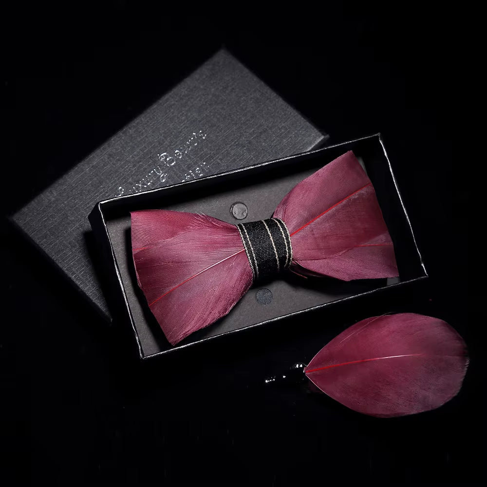Original Solid Color Feather Bow Tie Brooch Set Man Wedding Gift Fashion Handmade Leather Bow Ties Pin Gift Box Set