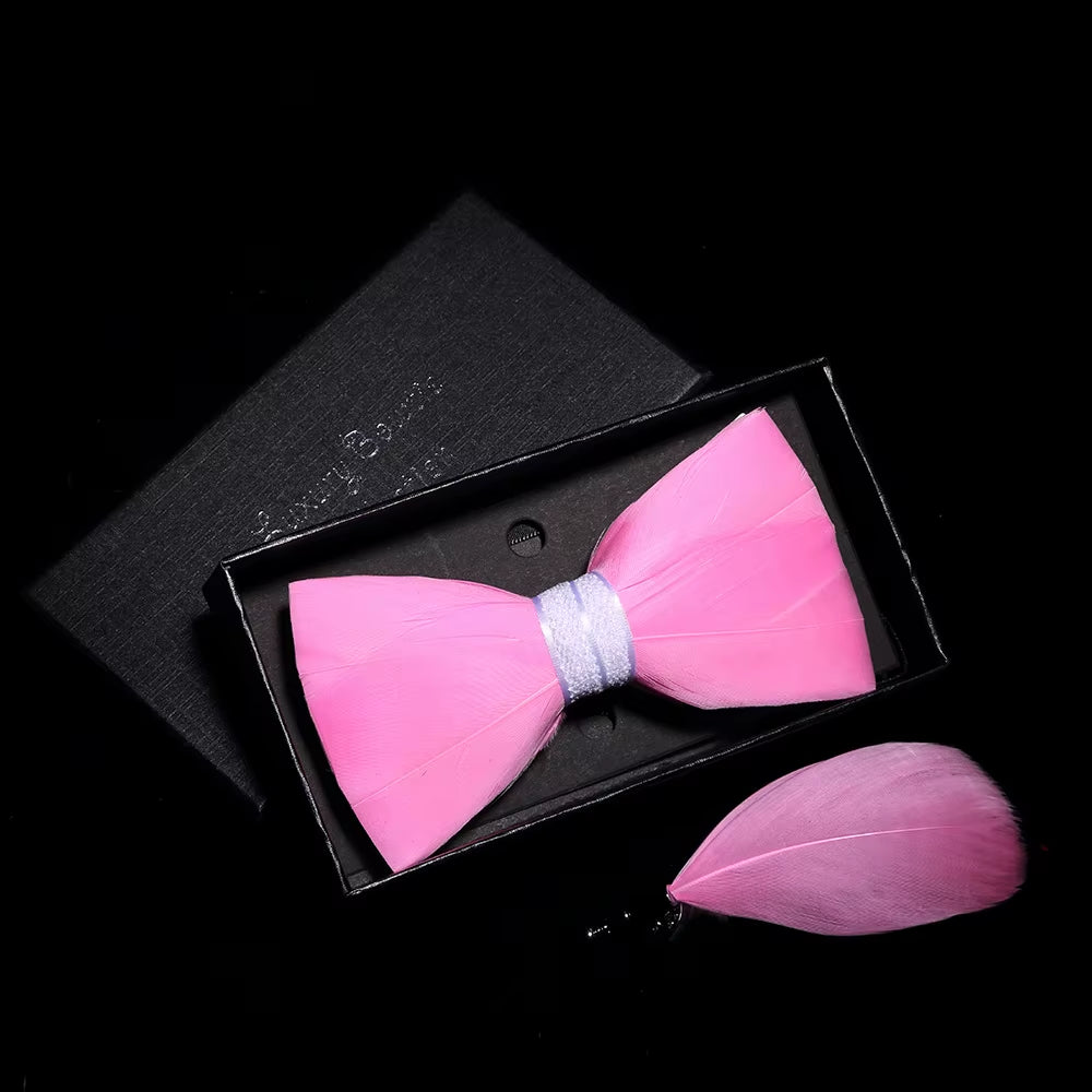Original Solid Color Feather Bow Tie Brooch Set Man Wedding Gift Fashion Handmade Leather Bow Ties Pin Gift Box Set