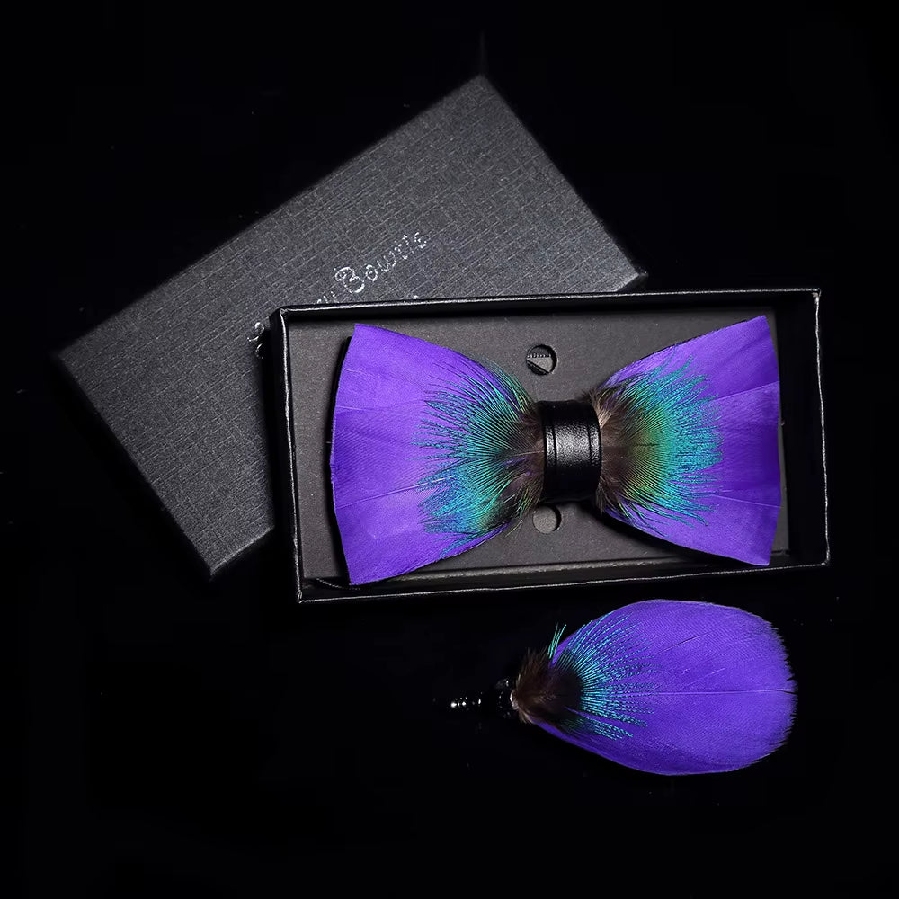 Original Solid Color Feather Bow Tie Brooch Set Man Wedding Gift Fashion Handmade Leather Bow Ties Pin Gift Box Set