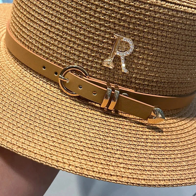 2024Summer Sun Hat Flat Top Straw Hats for Women New Metal R Letter Fashionable Beach Sun Hat Females Travel Holidays Boater Hat