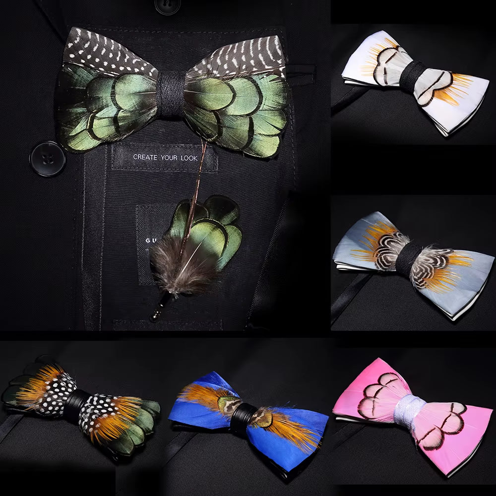 Original Solid Color Feather Bow Tie Brooch Set Man Wedding Gift Fashion Handmade Leather Bow Ties Pin Gift Box Set
