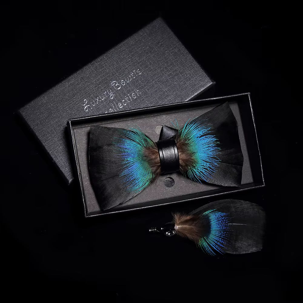 Original Solid Color Feather Bow Tie Brooch Set Man Wedding Gift Fashion Handmade Leather Bow Ties Pin Gift Box Set
