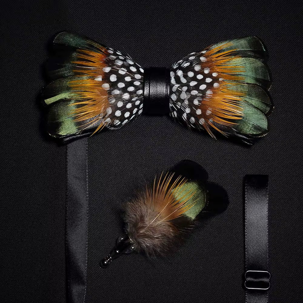 Original Solid Color Feather Bow Tie Brooch Set Man Wedding Gift Fashion Handmade Leather Bow Ties Pin Gift Box Set