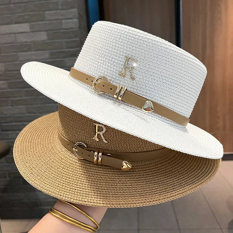 2024Summer Sun Hat Flat Top Straw Hats for Women New Metal R Letter Fashionable Beach Sun Hat Females Travel Holidays Boater Hat