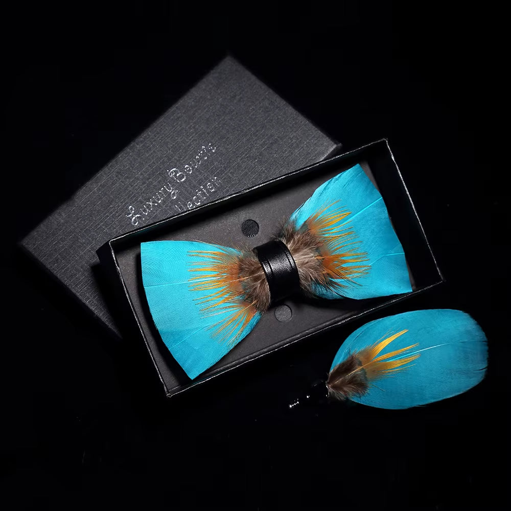 Original Solid Color Feather Bow Tie Brooch Set Man Wedding Gift Fashion Handmade Leather Bow Ties Pin Gift Box Set