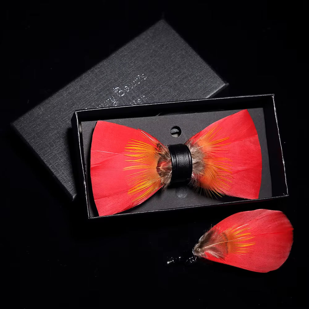 Original Solid Color Feather Bow Tie Brooch Set Man Wedding Gift Fashion Handmade Leather Bow Ties Pin Gift Box Set