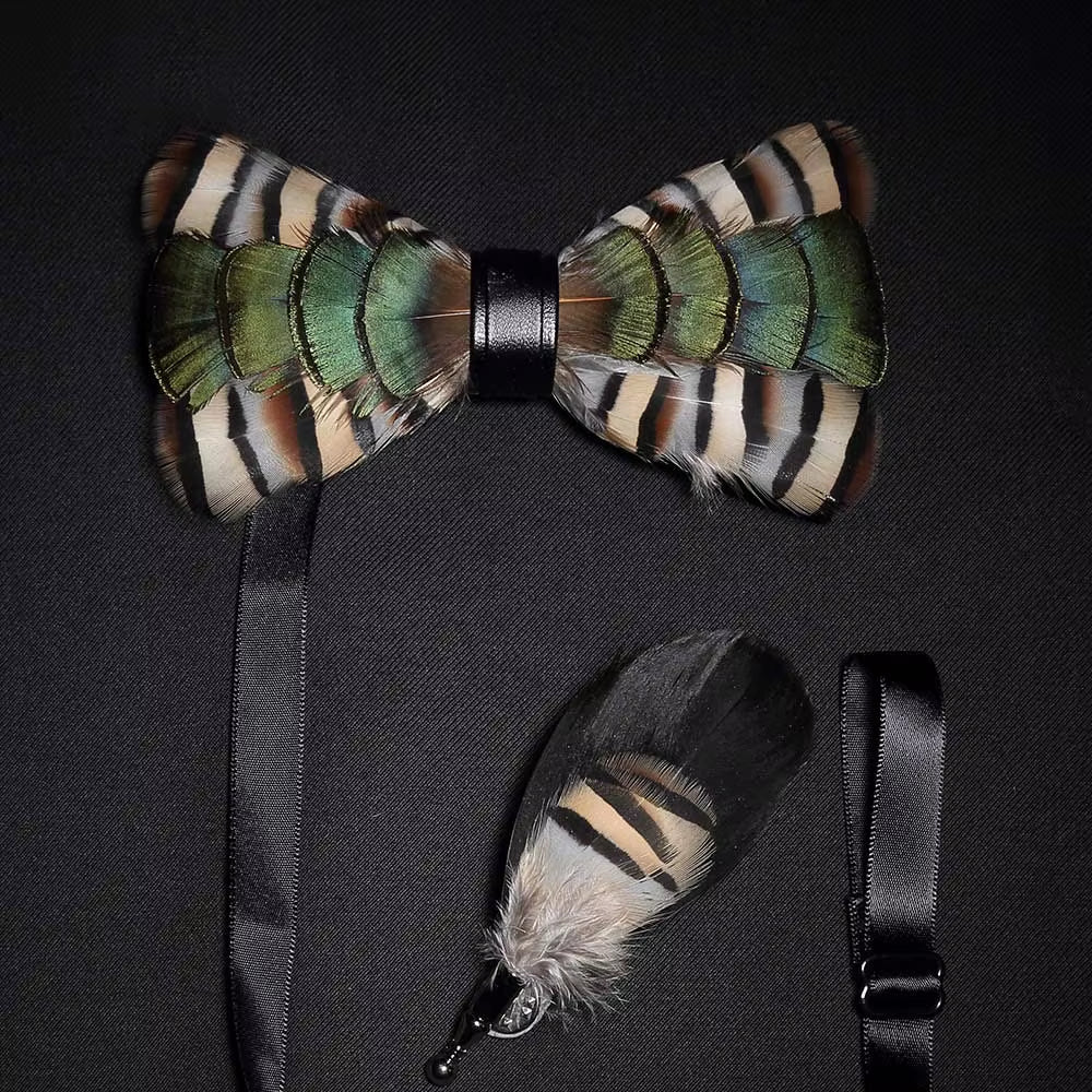 Original Solid Color Feather Bow Tie Brooch Set Man Wedding Gift Fashion Handmade Leather Bow Ties Pin Gift Box Set