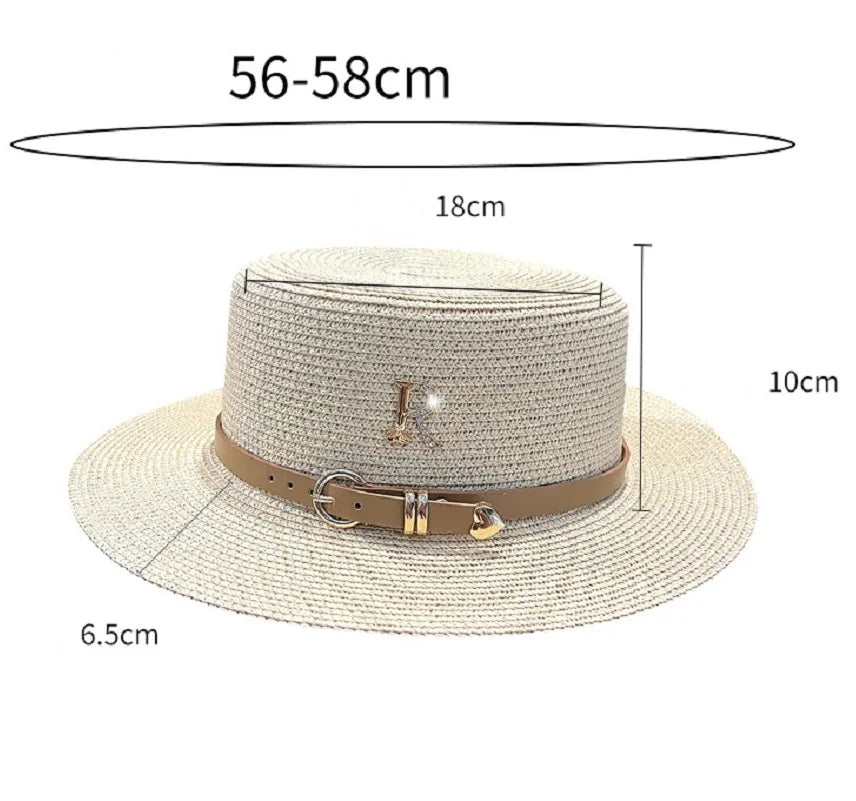 2024Summer Sun Hat Flat Top Straw Hats for Women New Metal R Letter Fashionable Beach Sun Hat Females Travel Holidays Boater Hat