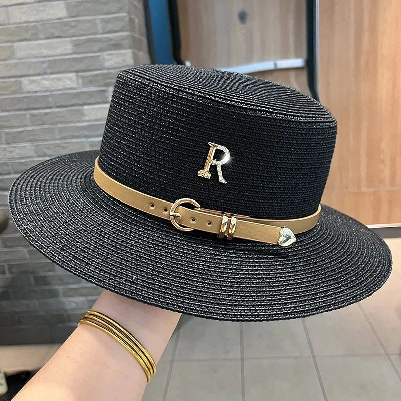 2024Summer Sun Hat Flat Top Straw Hats for Women New Metal R Letter Fashionable Beach Sun Hat Females Travel Holidays Boater Hat