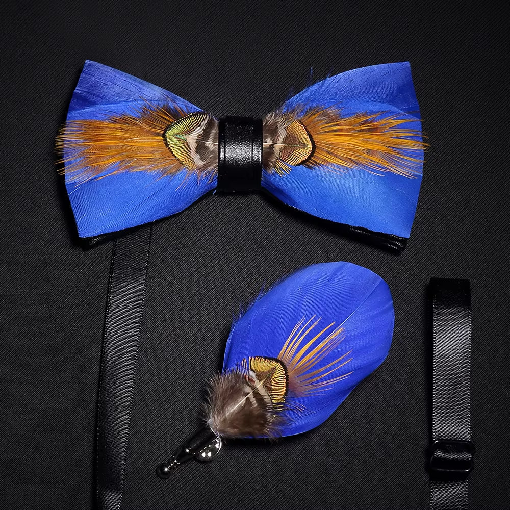 Original Solid Color Feather Bow Tie Brooch Set Man Wedding Gift Fashion Handmade Leather Bow Ties Pin Gift Box Set