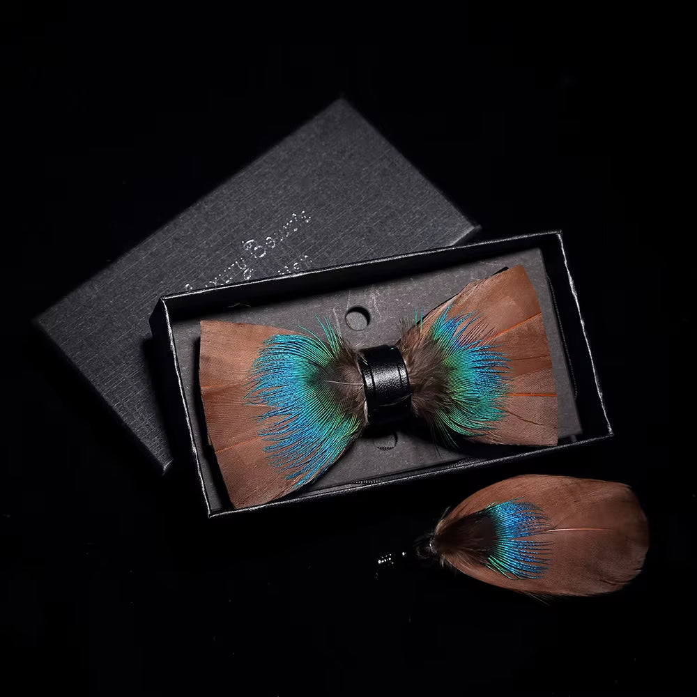 Original Solid Color Feather Bow Tie Brooch Set Man Wedding Gift Fashion Handmade Leather Bow Ties Pin Gift Box Set
