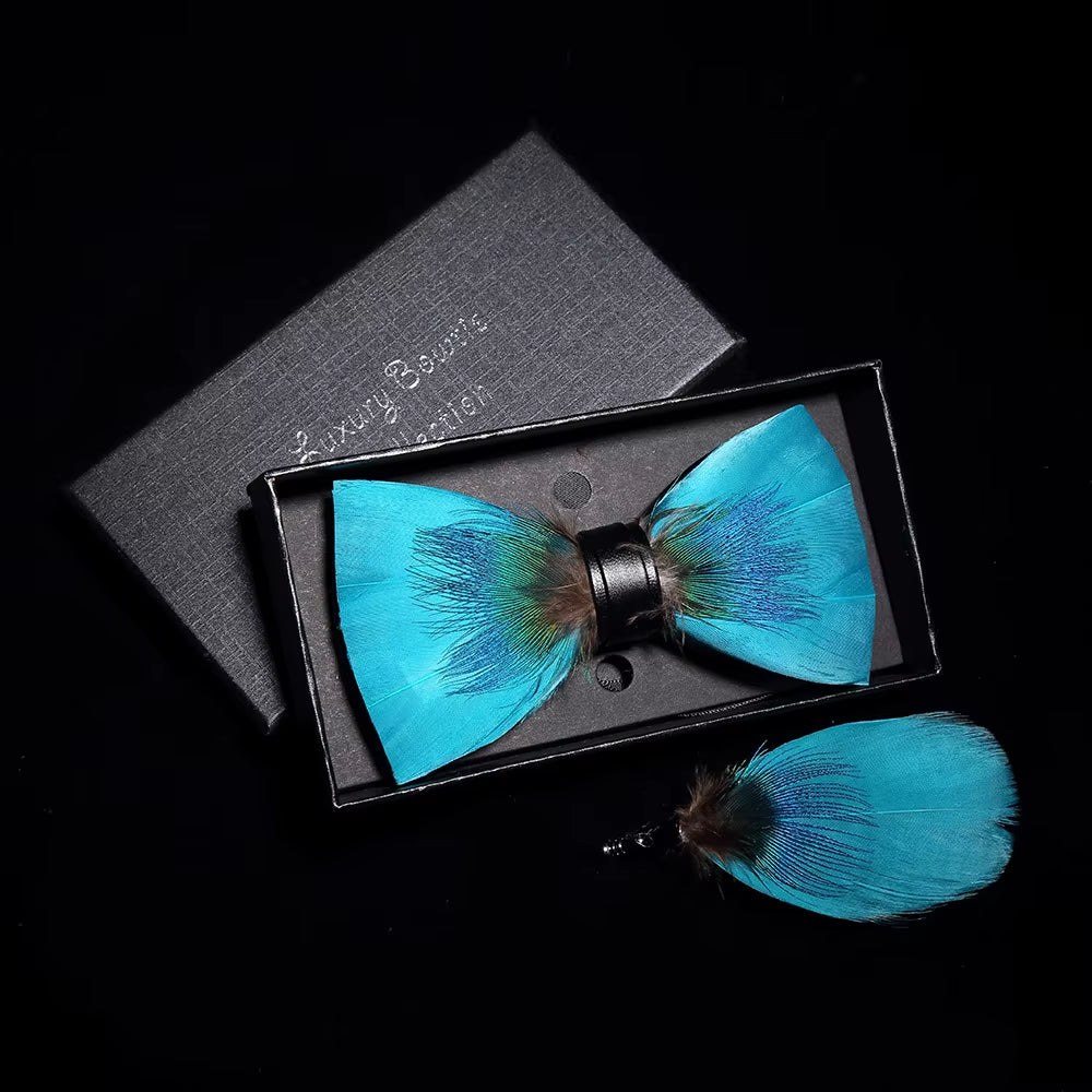 Original Solid Color Feather Bow Tie Brooch Set Man Wedding Gift Fashion Handmade Leather Bow Ties Pin Gift Box Set