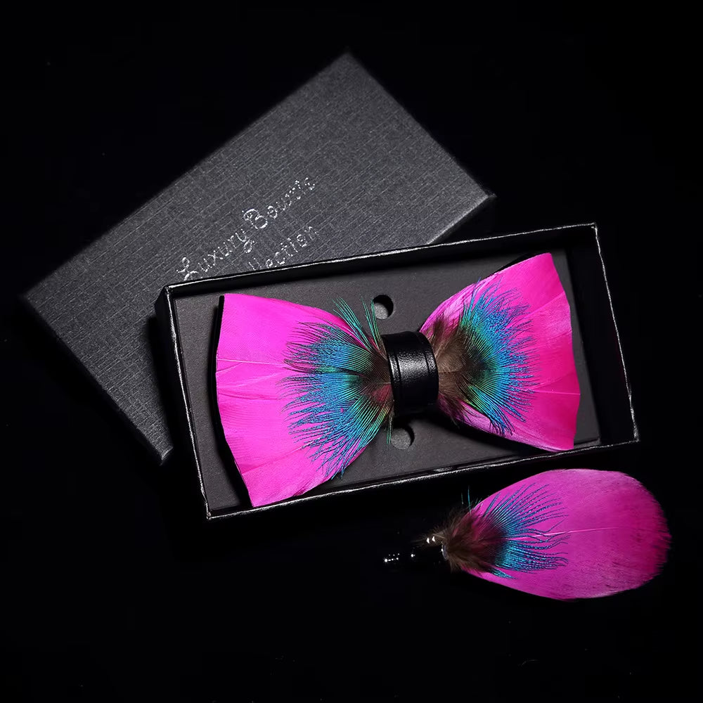 Original Solid Color Feather Bow Tie Brooch Set Man Wedding Gift Fashion Handmade Leather Bow Ties Pin Gift Box Set