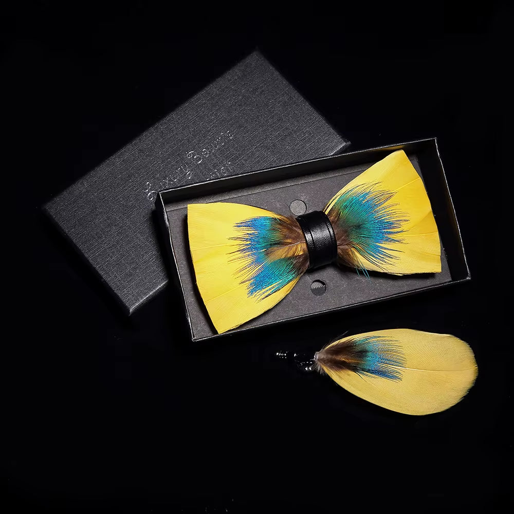 Original Solid Color Feather Bow Tie Brooch Set Man Wedding Gift Fashion Handmade Leather Bow Ties Pin Gift Box Set