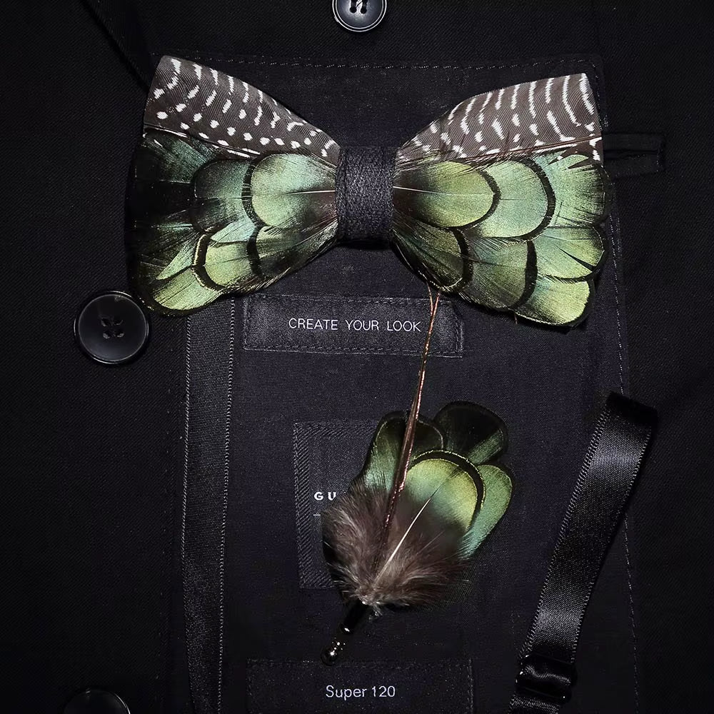 Original Solid Color Feather Bow Tie Brooch Set Man Wedding Gift Fashion Handmade Leather Bow Ties Pin Gift Box Set