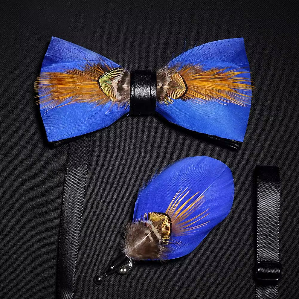 Original Solid Color Feather Bow Tie Brooch Set Man Wedding Gift Fashion Handmade Leather Bow Ties Pin Gift Box Set