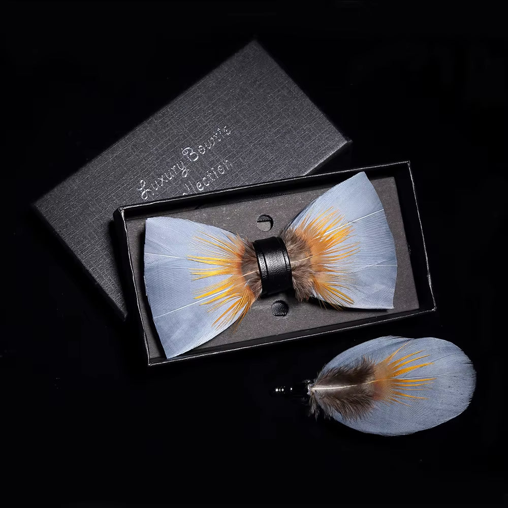 Original Solid Color Feather Bow Tie Brooch Set Man Wedding Gift Fashion Handmade Leather Bow Ties Pin Gift Box Set