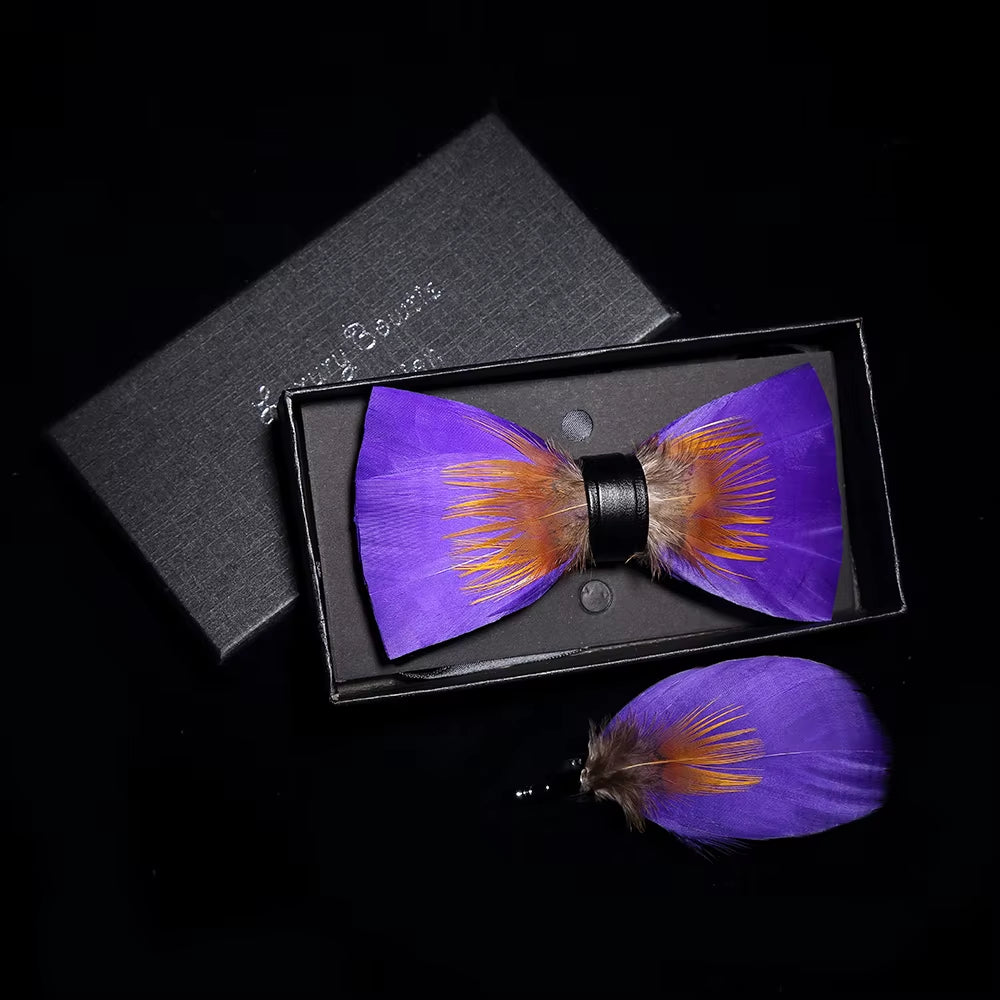 Original Solid Color Feather Bow Tie Brooch Set Man Wedding Gift Fashion Handmade Leather Bow Ties Pin Gift Box Set