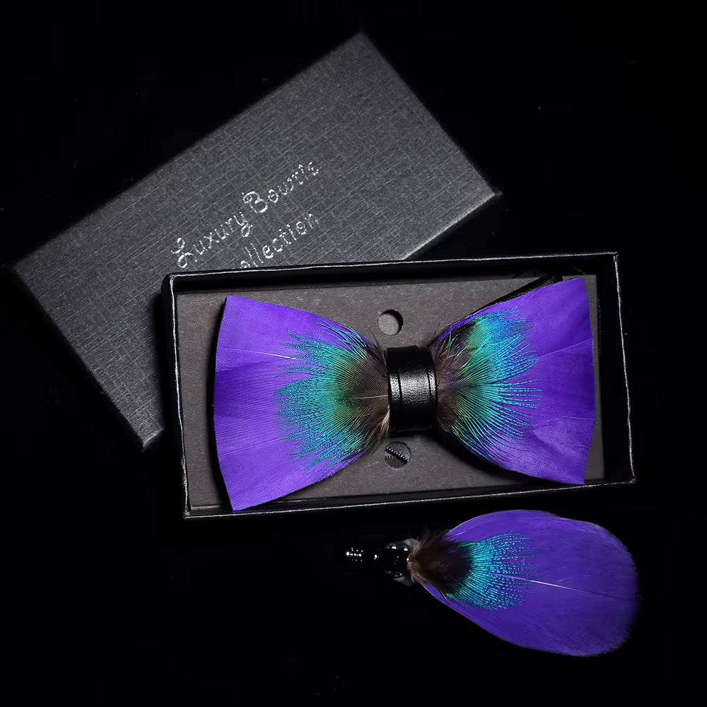 Original Solid Color Feather Bow Tie Brooch Set Man Wedding Gift Fashion Handmade Leather Bow Ties Pin Gift Box Set