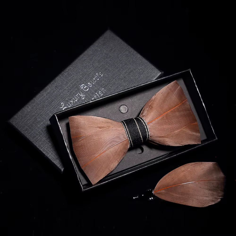Original Solid Color Feather Bow Tie Brooch Set Man Wedding Gift Fashion Handmade Leather Bow Ties Pin Gift Box Set