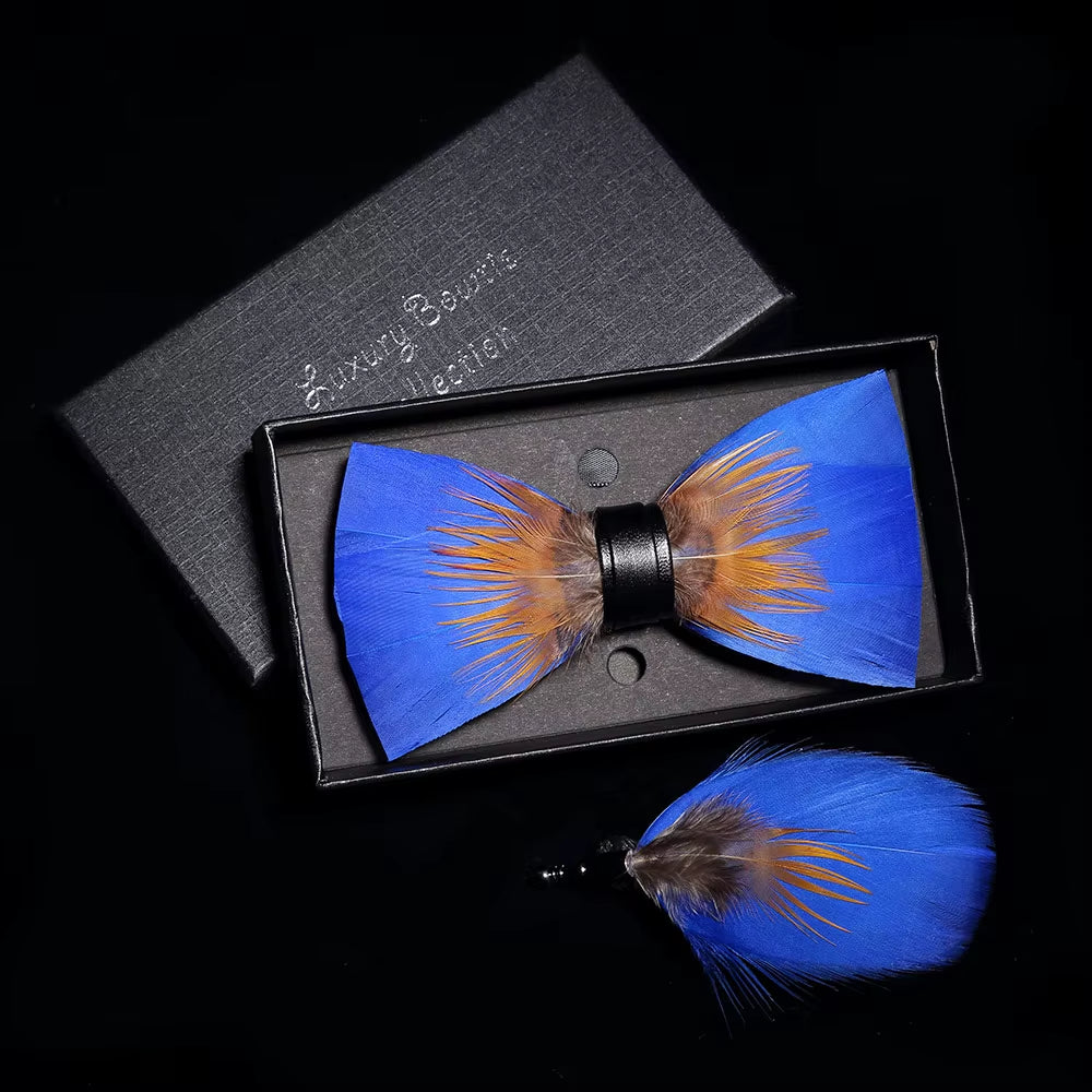Original Solid Color Feather Bow Tie Brooch Set Man Wedding Gift Fashion Handmade Leather Bow Ties Pin Gift Box Set