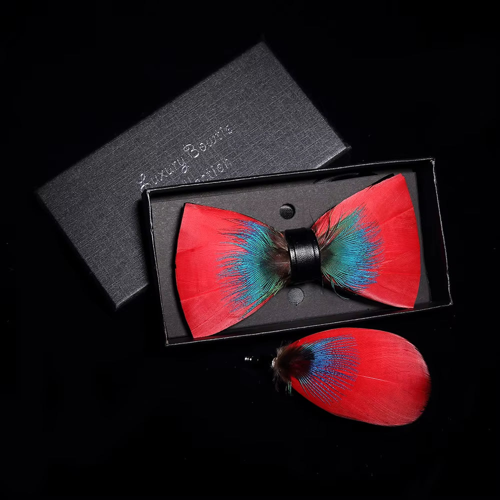 Original Solid Color Feather Bow Tie Brooch Set Man Wedding Gift Fashion Handmade Leather Bow Ties Pin Gift Box Set