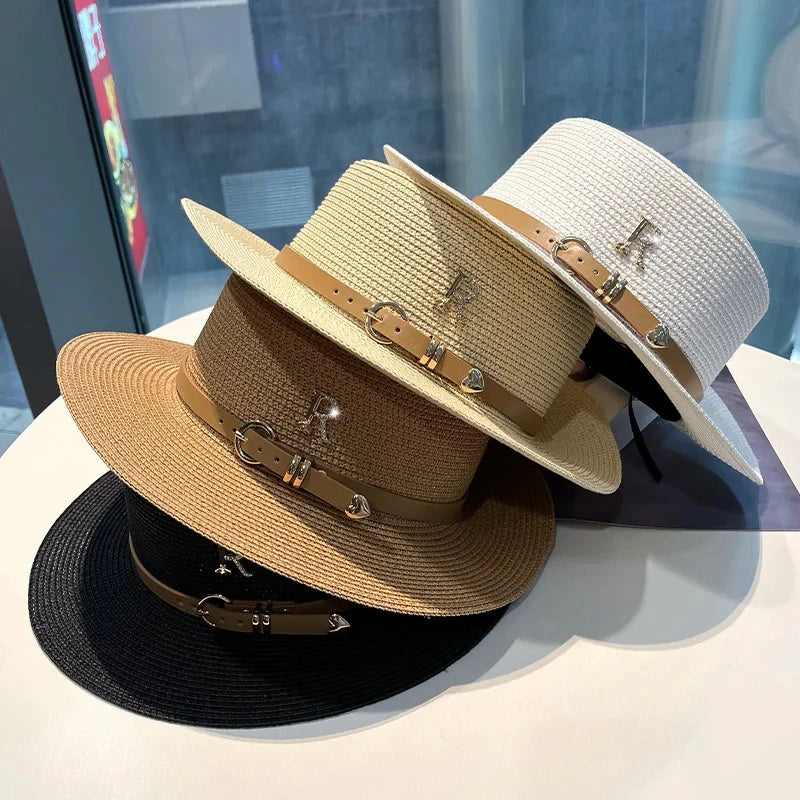 2024Summer Sun Hat Flat Top Straw Hats for Women New Metal R Letter Fashionable Beach Sun Hat Females Travel Holidays Boater Hat