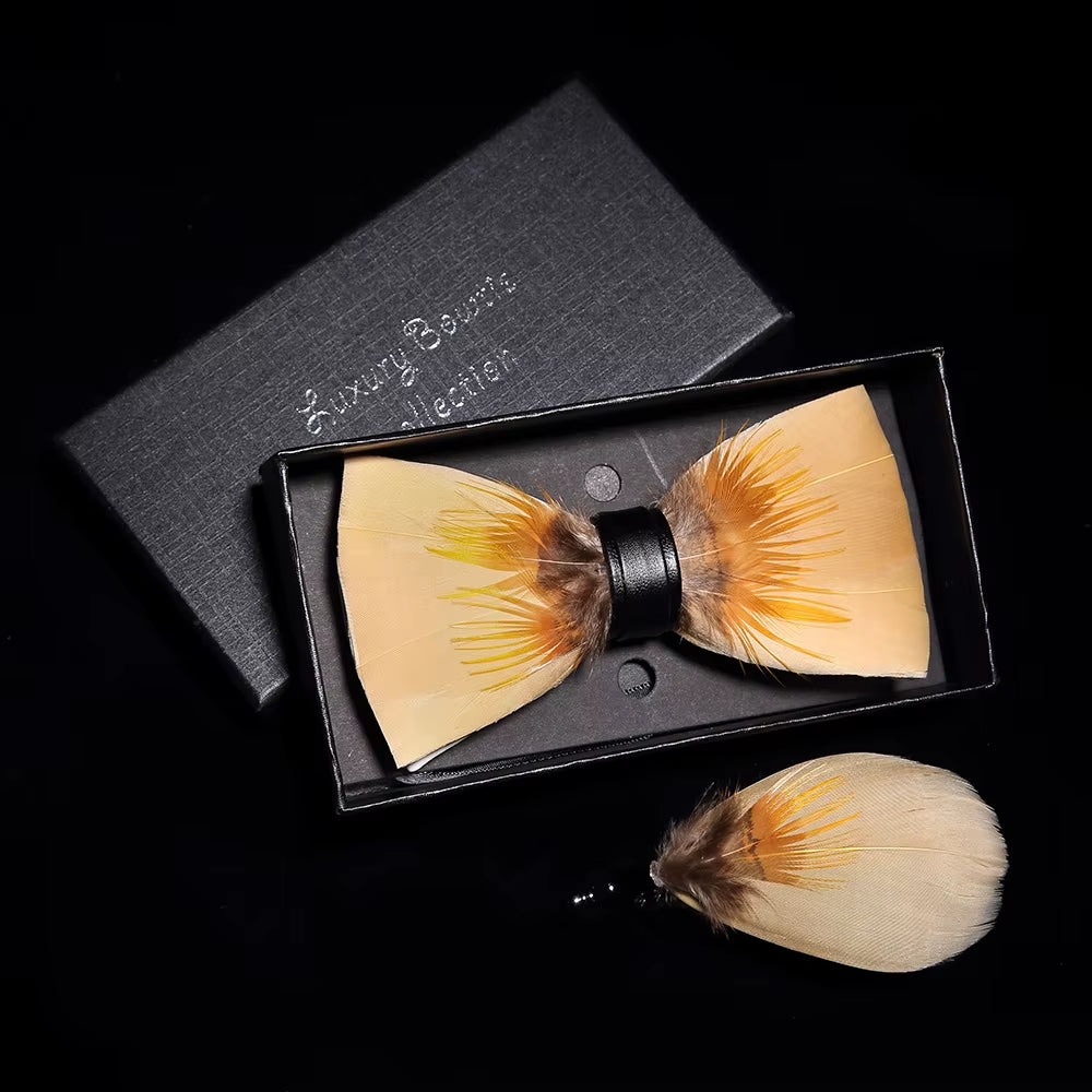 Original Solid Color Feather Bow Tie Brooch Set Man Wedding Gift Fashion Handmade Leather Bow Ties Pin Gift Box Set