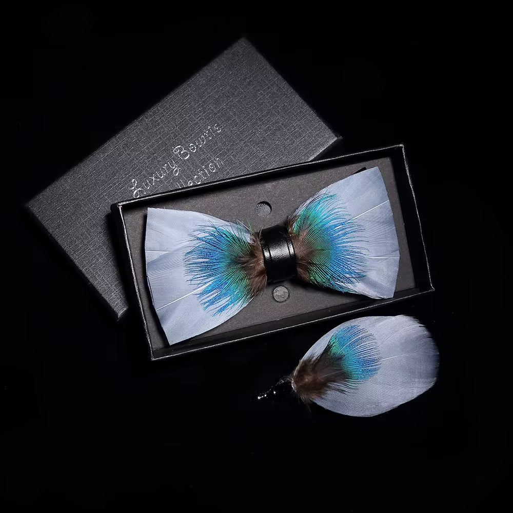 Original Solid Color Feather Bow Tie Brooch Set Man Wedding Gift Fashion Handmade Leather Bow Ties Pin Gift Box Set